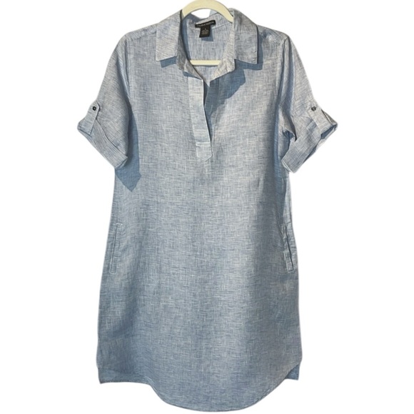 Chelsea & Theodore Dresses & Skirts - Chelsea & Theodore linen midi roll tab sleeve v neck dress Sz S blue/white